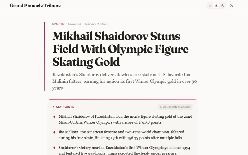 World tabloids, Grand Pinnacle Tribune, Kazakh figure skater Shaidorov, Olympics