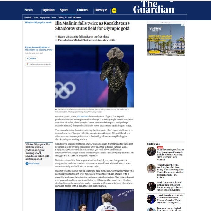 World tabloids, Guardian, Kazakh figure skater Shaidorov, Olympics
