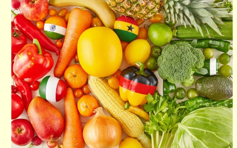 Poland, flags, fruit, vegetables, India, Germany, Mexico, food