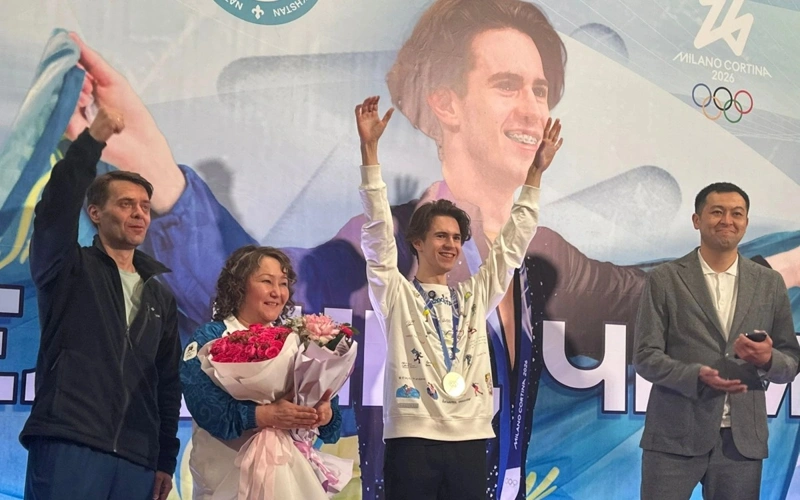 2026 Winter Olympics champion Mikhail Shaidorov arrives in Almaty