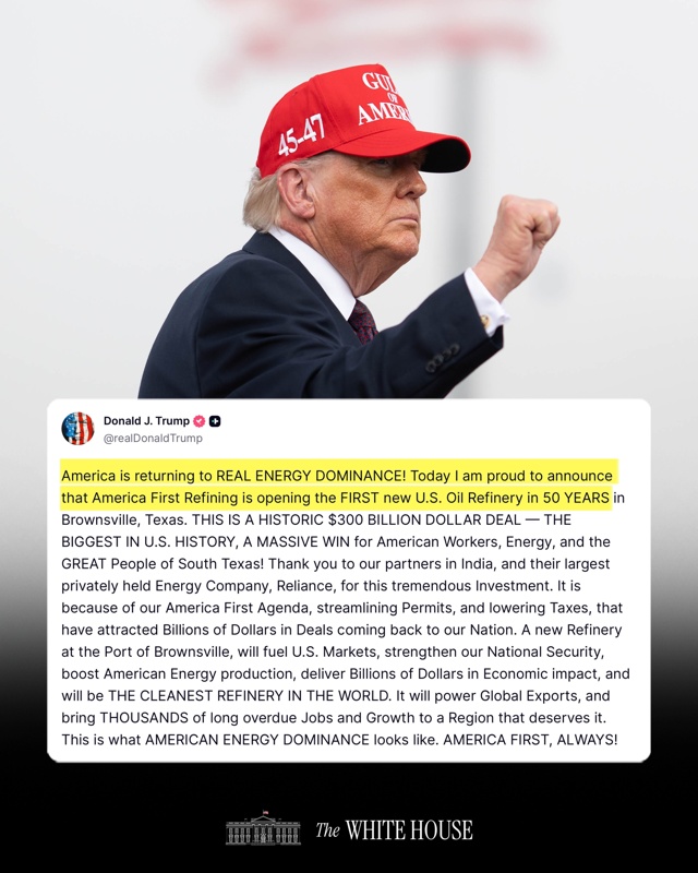 Trump announces first new U.S. oil refinery in 50 years