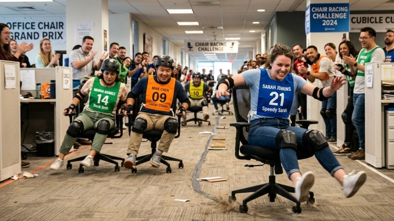Which country hosts office chair races?