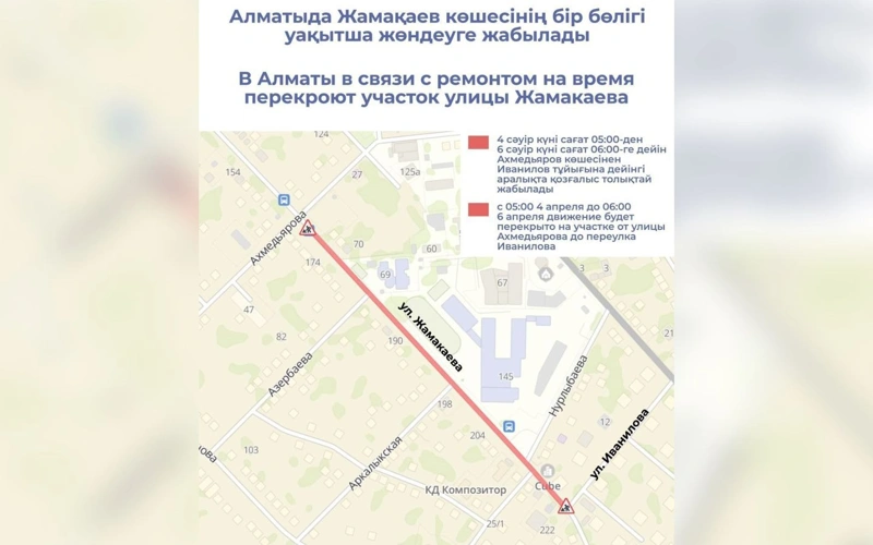 Участок улицы Жамакаева временно перекроют в Алматы