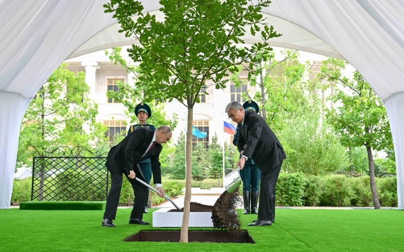 Tokayev and Putin plant oak tree on Kazakhstan-Russia Alley of Eternal Friendship 