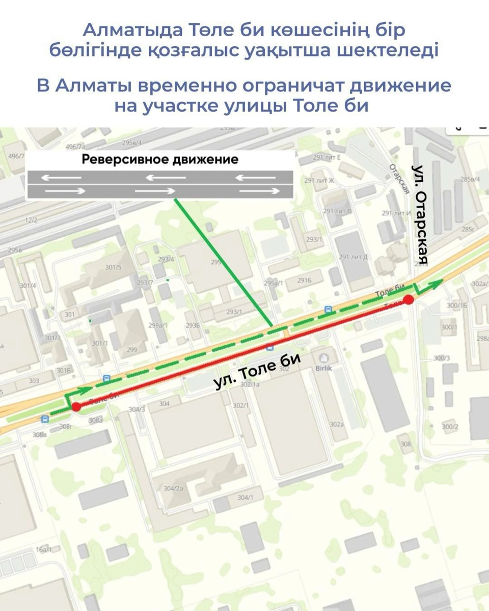 Движение на участке улицы Толе би временно ограничат в Алматы