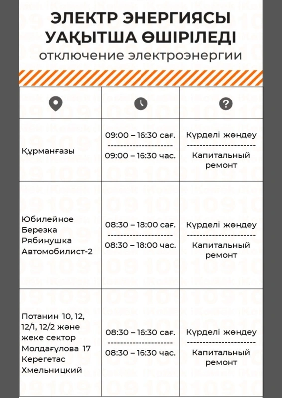 Будет отключено электроснабжение в связи с ремонтными работами.