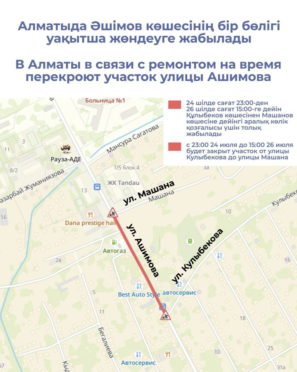Алматыда Құлжа тас жолы мен Әшімов көшесінде қозғалыс шектеледі