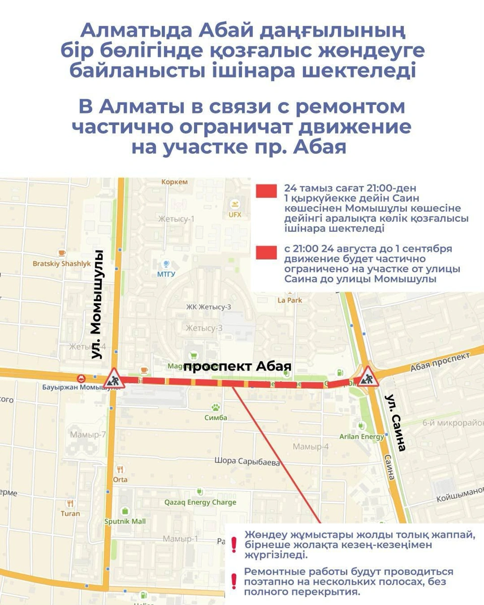 Алматының Абай көшесі 1 қыркүйекке дейін ішінара жабылады 