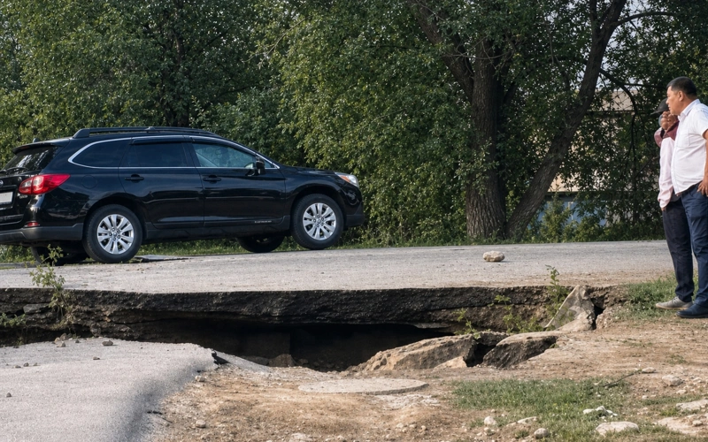 Асфальт провалился в Алматинской области из-за прорыва водопровода