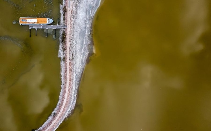 An aerial drone photo taken on Aug. 26, 2026 shows a dock of the drought-stricken Lake Velence near Gardony, Hungary An aerial drone photo taken on Aug. 26, 2026 shows a dock of the drought-stricken Lake Velence near Gardony, Hungary