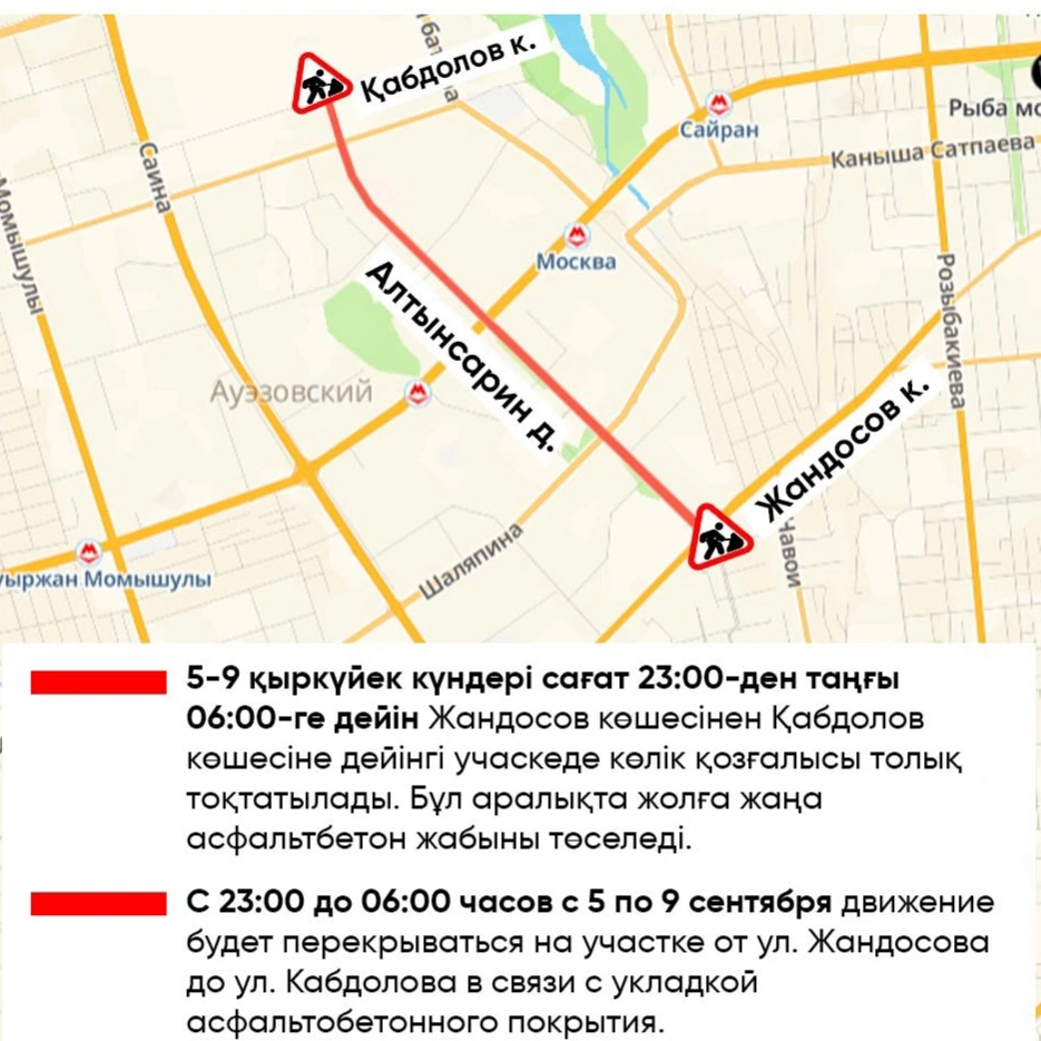 Участок проспекта Алтынсарина временно перекроют в Алматы
