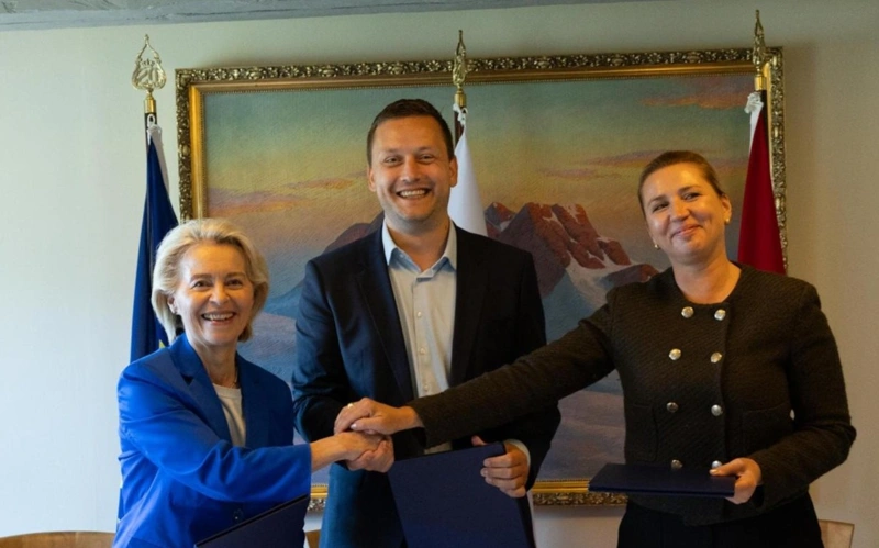 European Commission President Ursula von der Leyen, Greenlandic Prime Minister Jens-Frederik Nielsen, and Danish Prime Minister Mette Frederiksen
