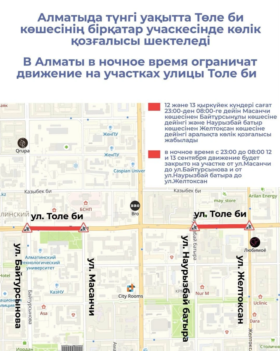 Движение ограничат на еще одной улице в Алматы для реализации ЛРТ