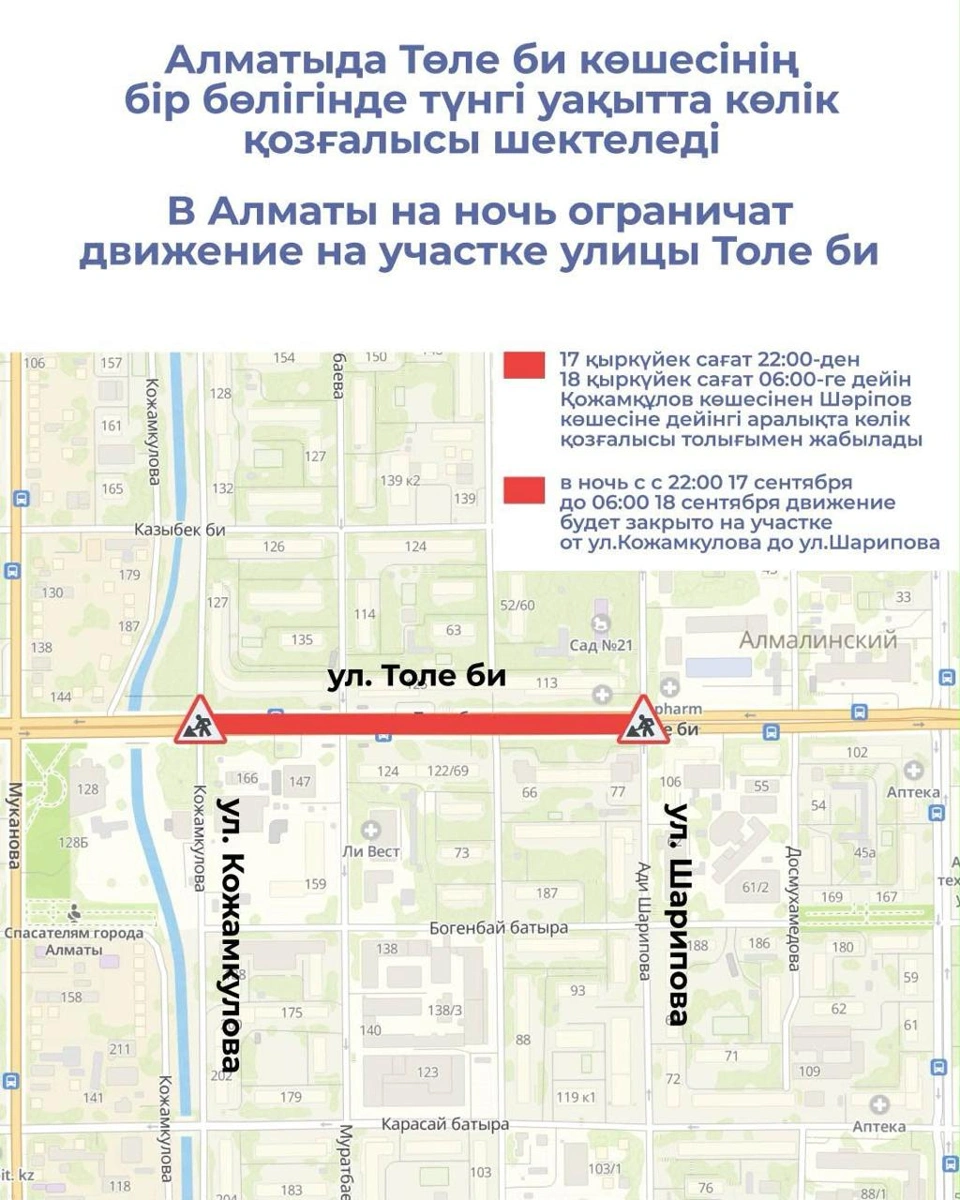 Движение по Толе би ограничат из-за работ по проекту ЛРТ