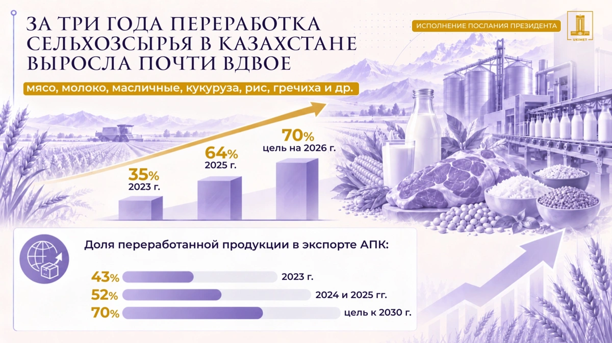 Исполнение Послания Президента: доля переработки сельхозсырья в Казахстане выросла почти вдвое