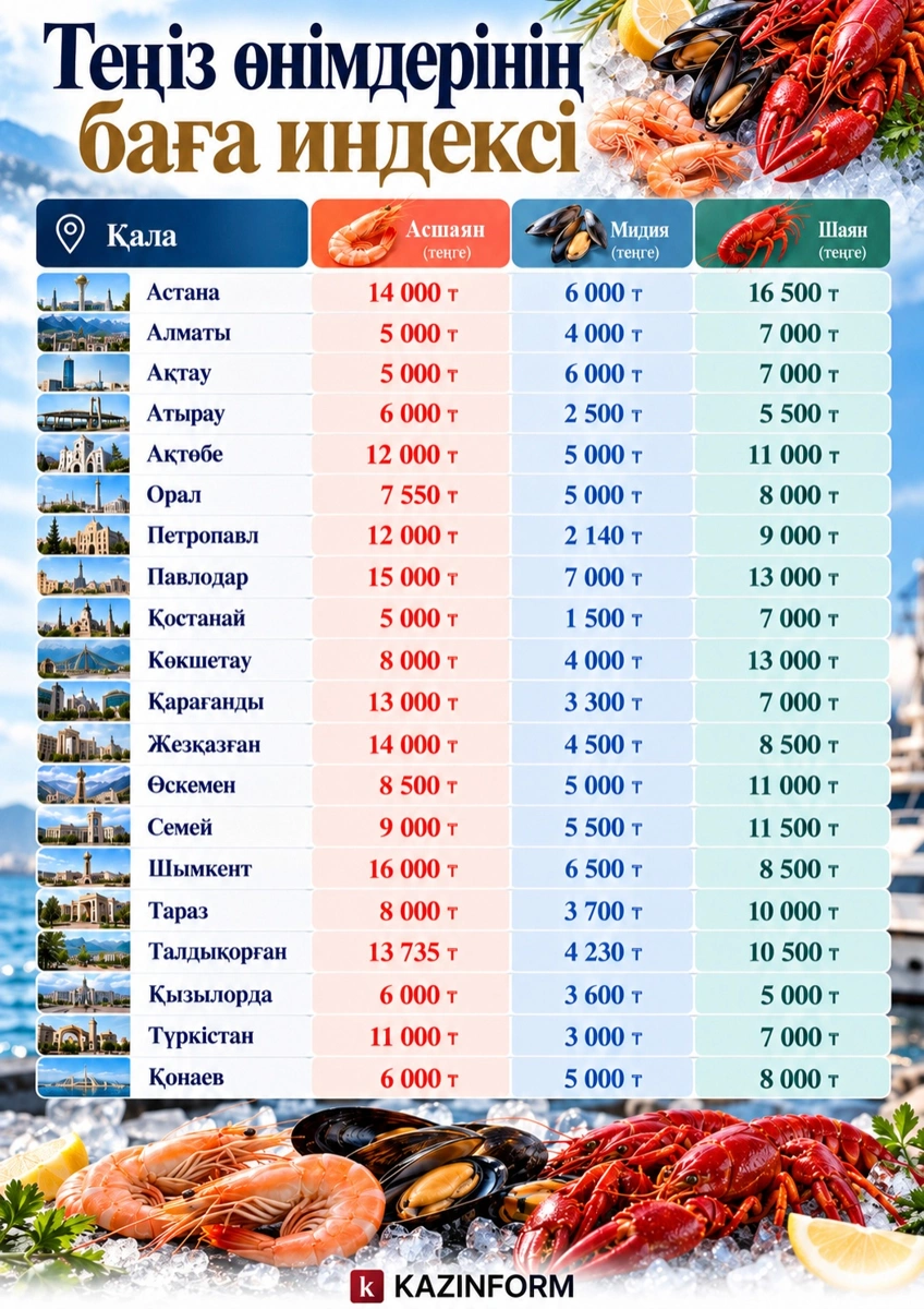 Qazaqstanda teńiz ónimderiniń baǵasy qansha