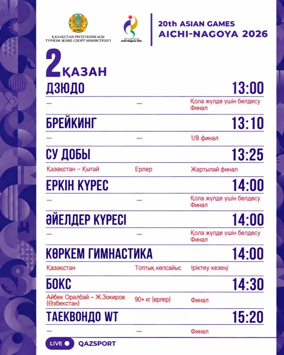 Азия ойындары: 2 қазанда қазақстандық спортшылар қай спорт түрлерінен сынға түседі