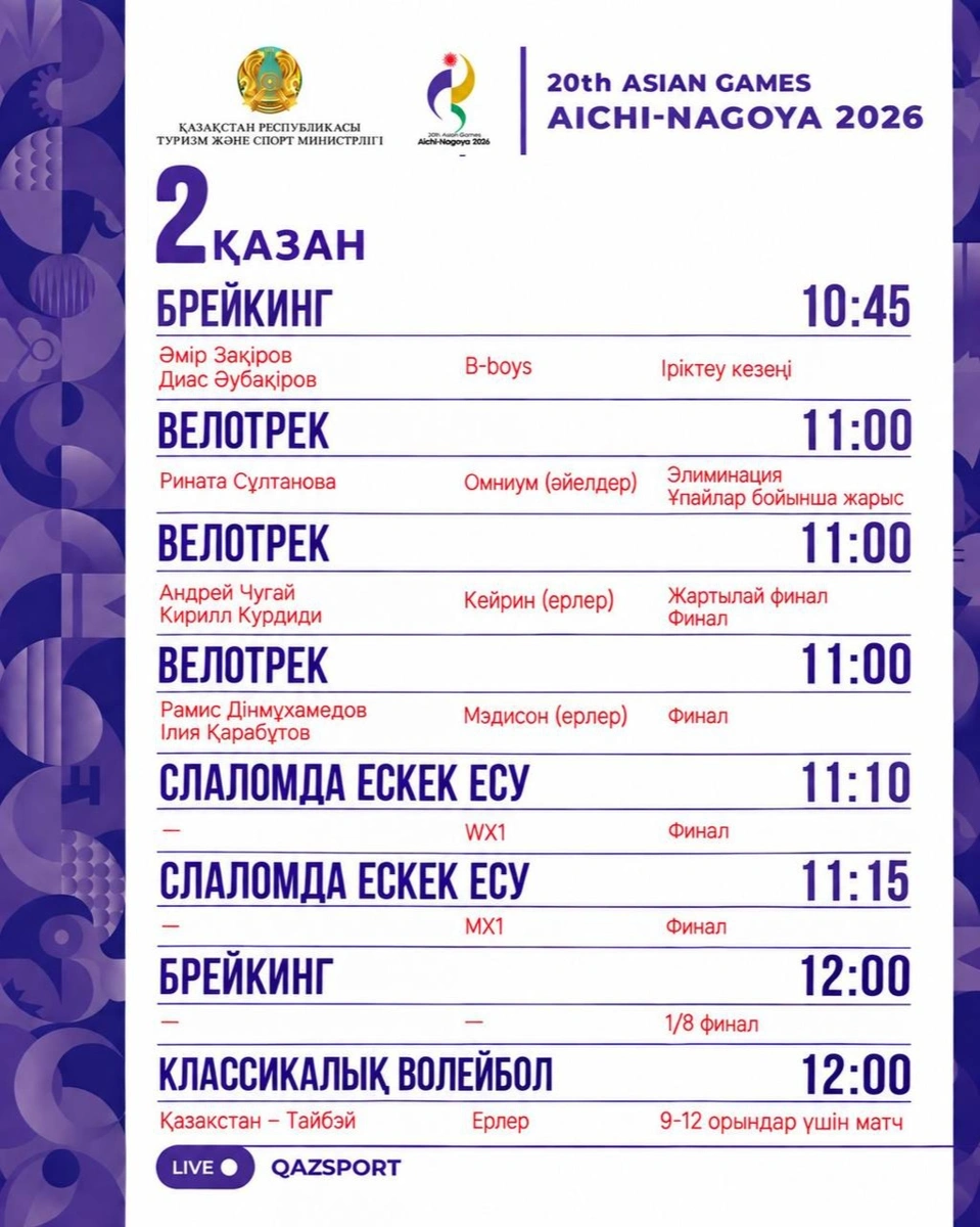 Азия ойындары: 2 қазанда қазақстандық спортшылар қай спорт түрлерінен сынға түседі