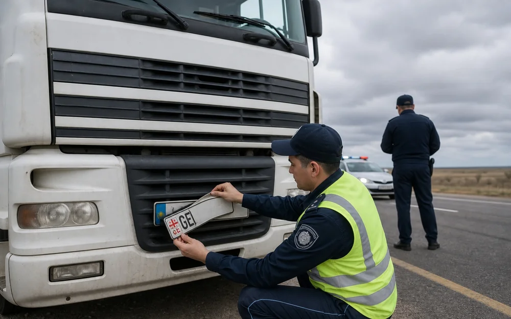 Водитель грузовика установил грузинские номера поверх казахстанских и лишился прав