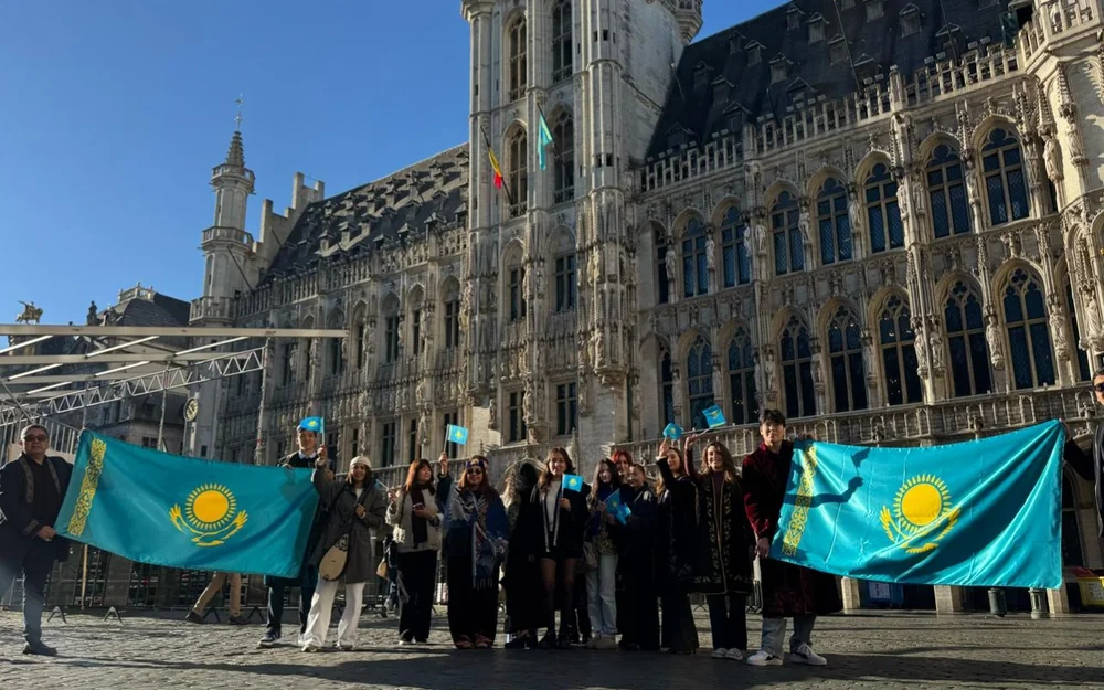Kazakhstan’s flag flies over La Grand-Place in Brussels