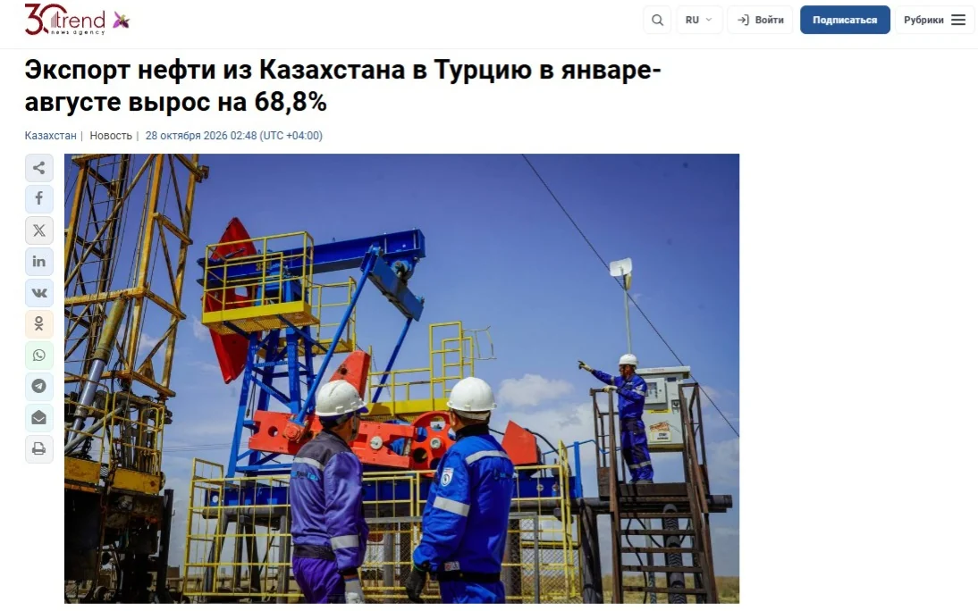 Trend: Экспорт нефти из Казахстана в Турцию в январе-августе вырос на 68,8%